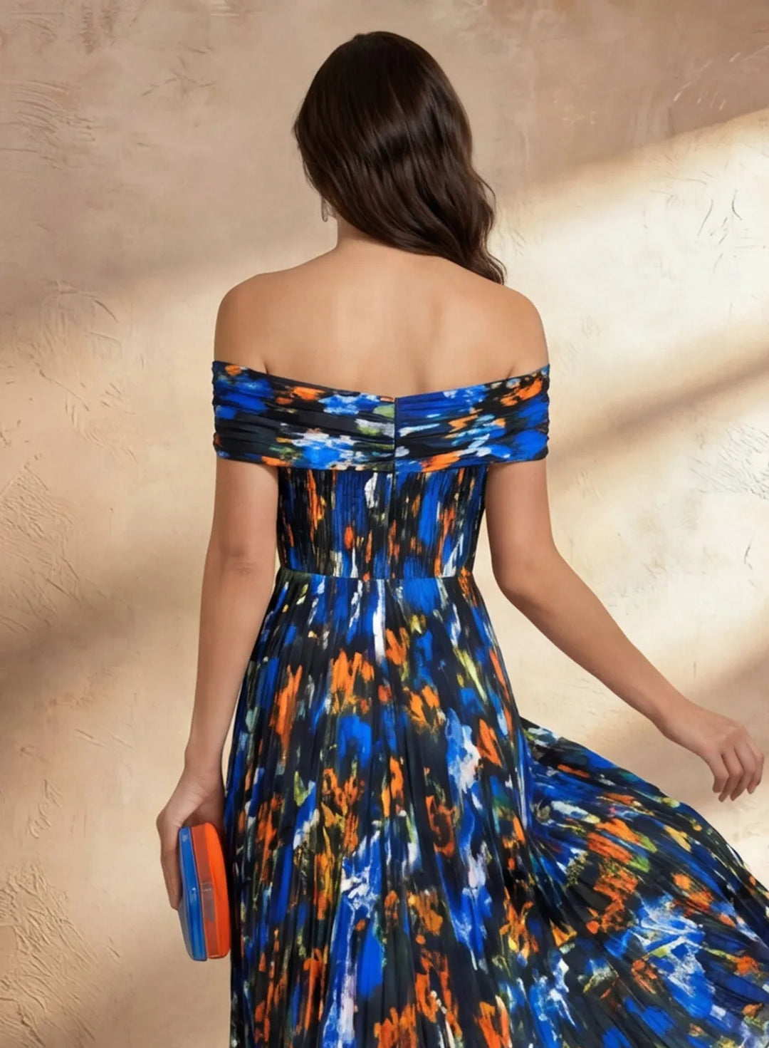 Veloria Royal Blue Printed Chiffon Off-the-Shoulder Pleated Midi Dress