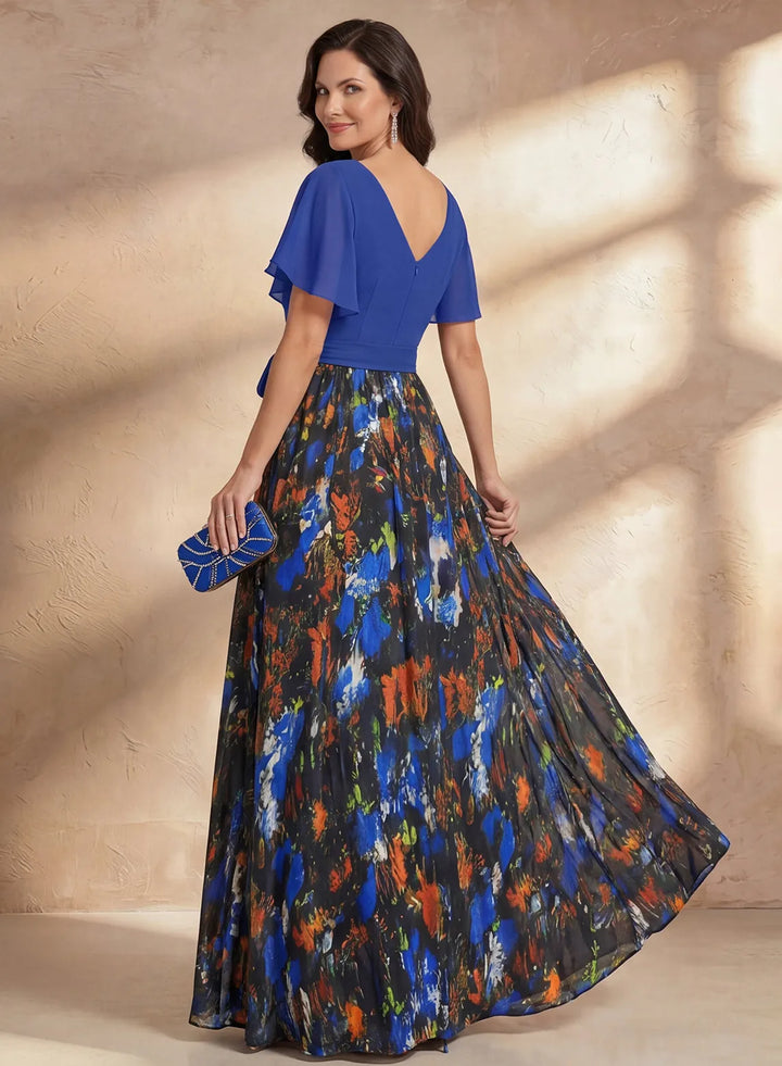 Veloria Royal Blue Floral Chiffon A-Line Maxi Dress with Flutter Sleeves