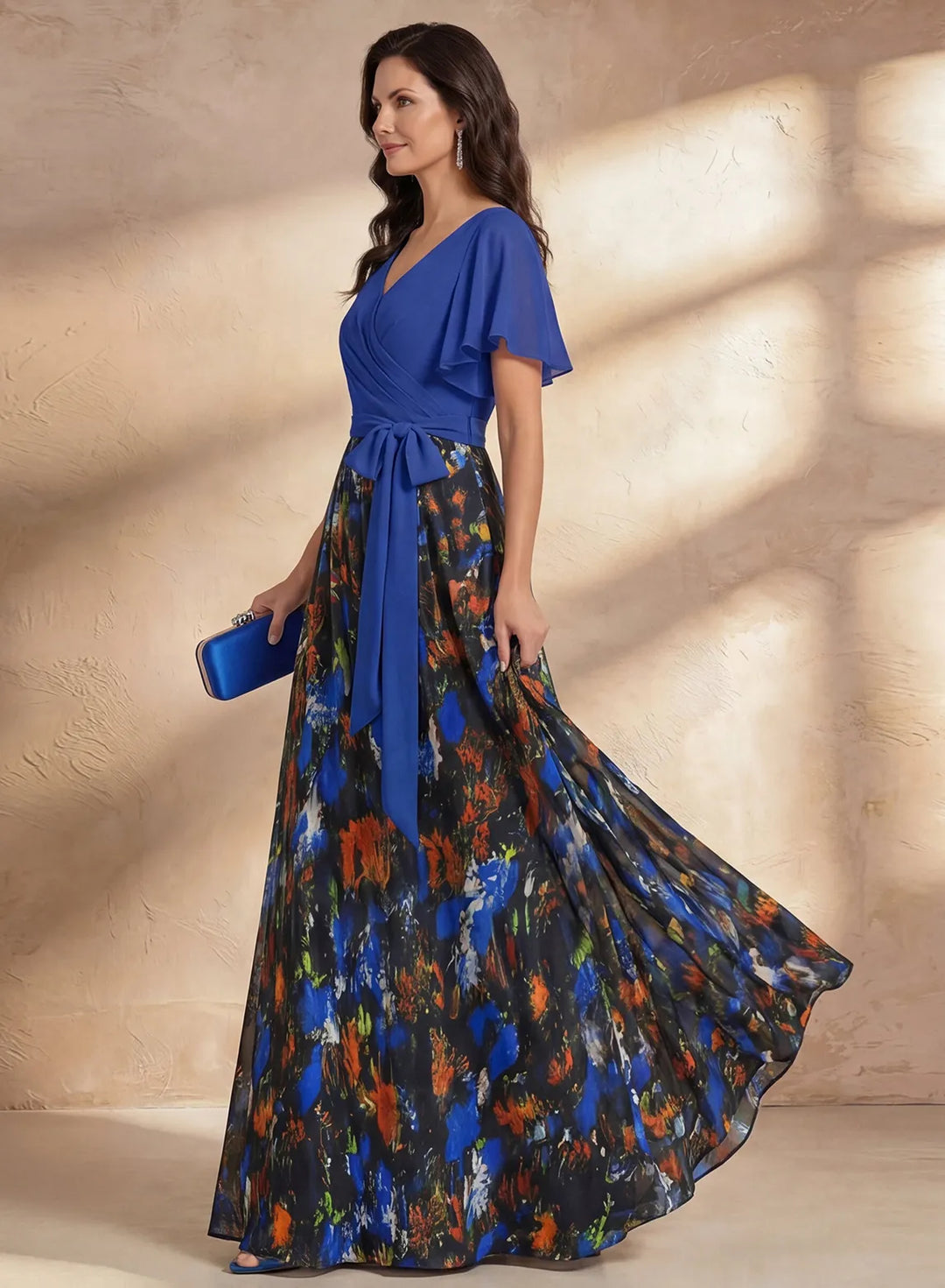 Veloria Royal Blue Floral Chiffon A-Line Maxi Dress with Flutter Sleeves