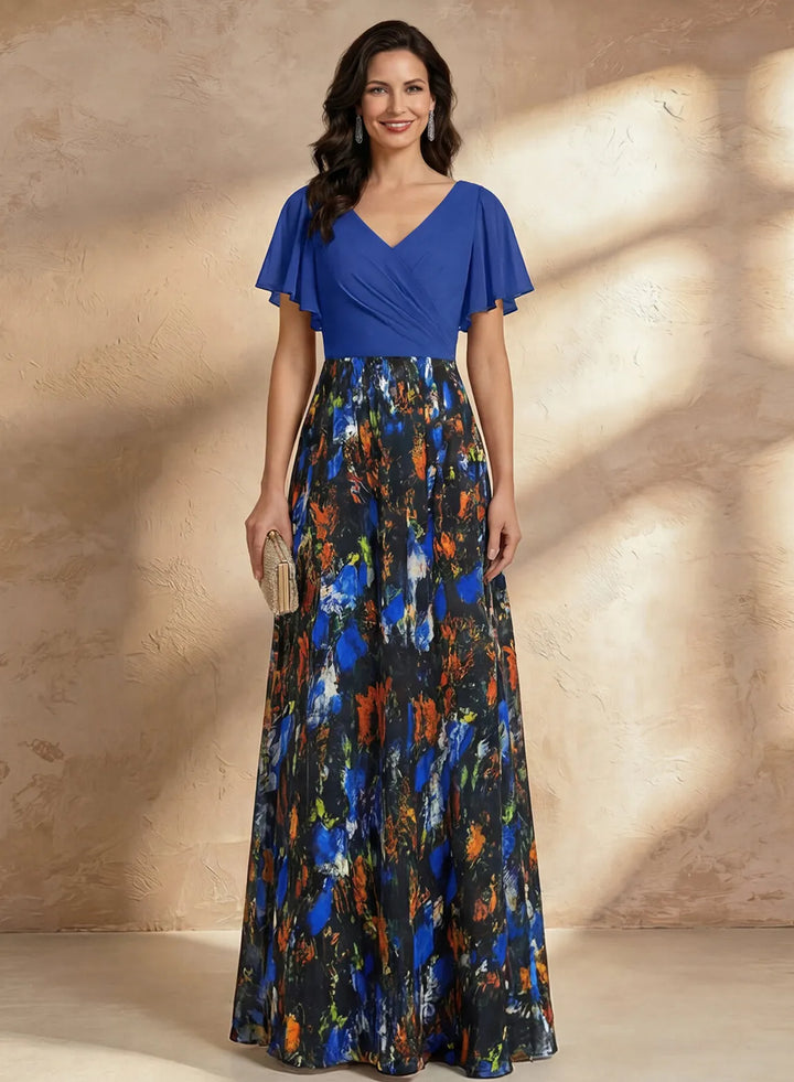 Veloria Royal Blue Floral Chiffon A-Line Maxi Dress with Flutter Sleeves