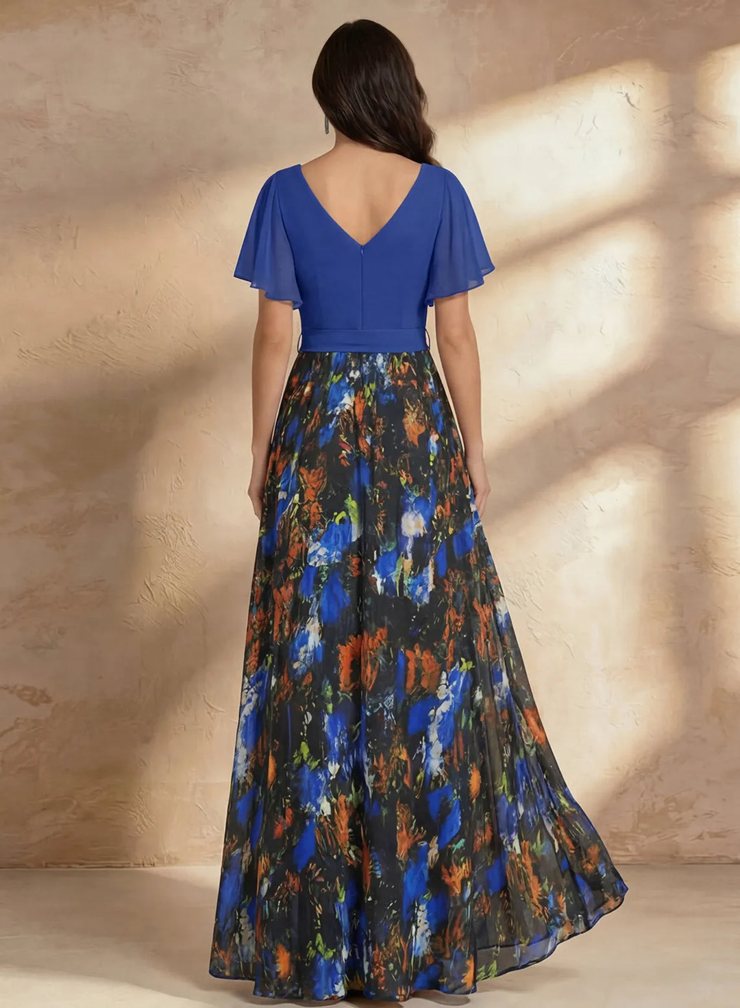 Veloria Royal Blue Floral Chiffon A-Line Maxi Dress with Flutter Sleeves