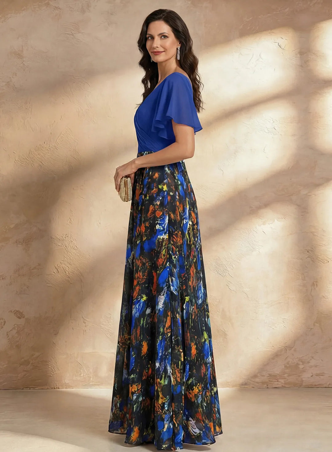 Veloria Royal Blue Floral Chiffon A-Line Maxi Dress with Flutter Sleeves