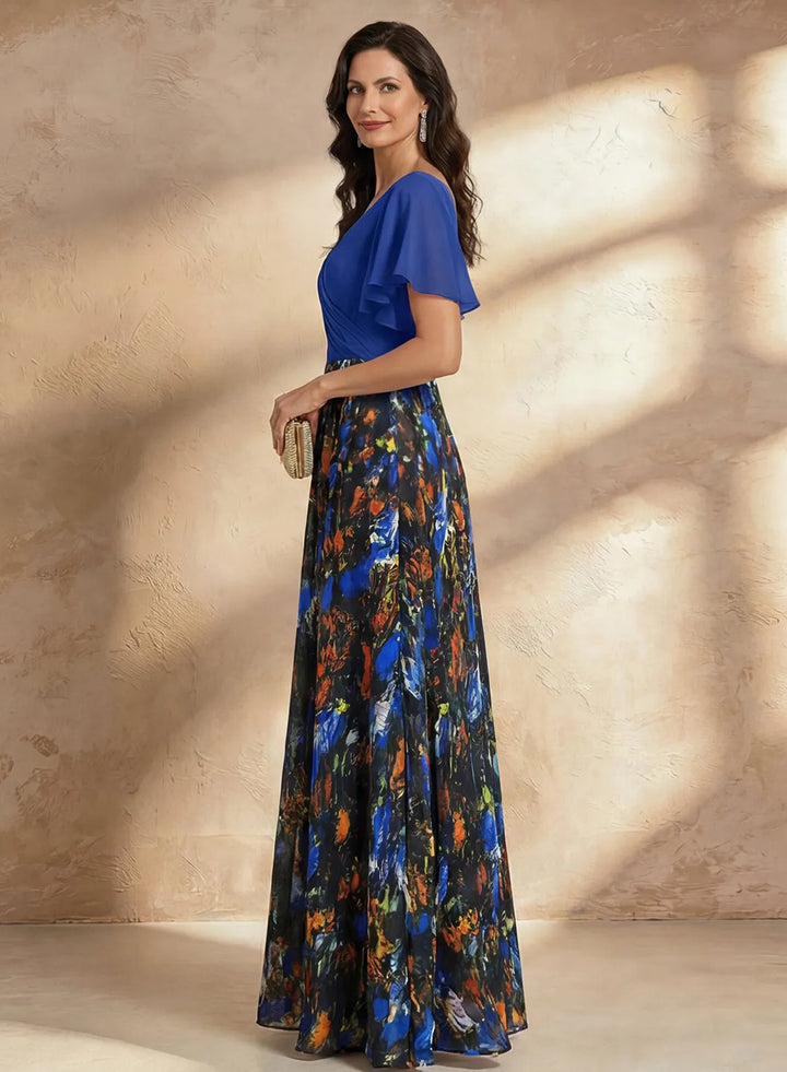 Veloria Royal Blue Floral Chiffon A-Line Maxi Dress with Flutter Sleeves
