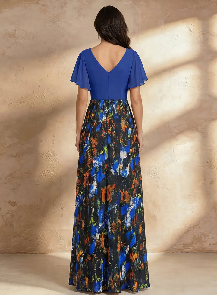 Veloria Royal Blue Floral Chiffon A-Line Maxi Dress with Flutter Sleeves