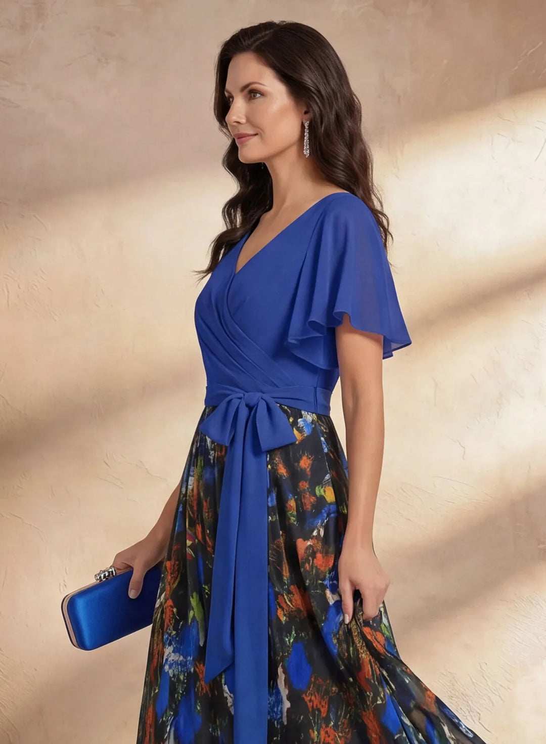 Veloria Royal Blue Floral Chiffon A-Line Maxi Dress with Flutter Sleeves
