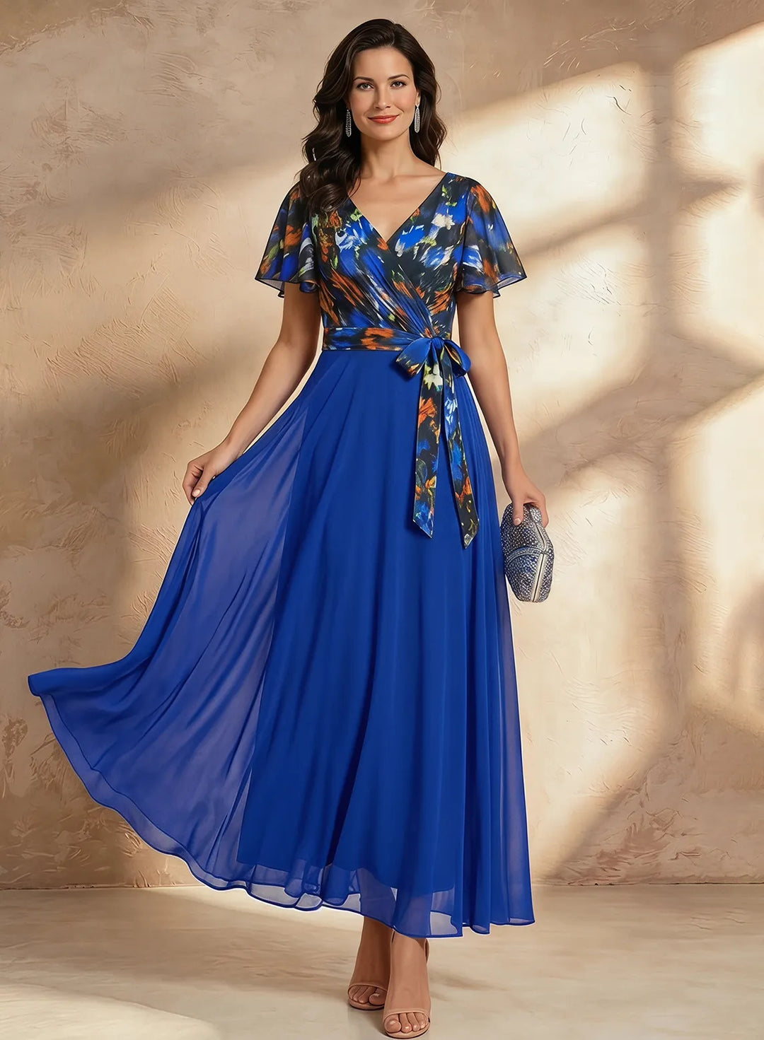 Veloria Royal Blue Floral Chiffon Maxi Dress with Flutter Sleeves &amp; Wrap Waist
