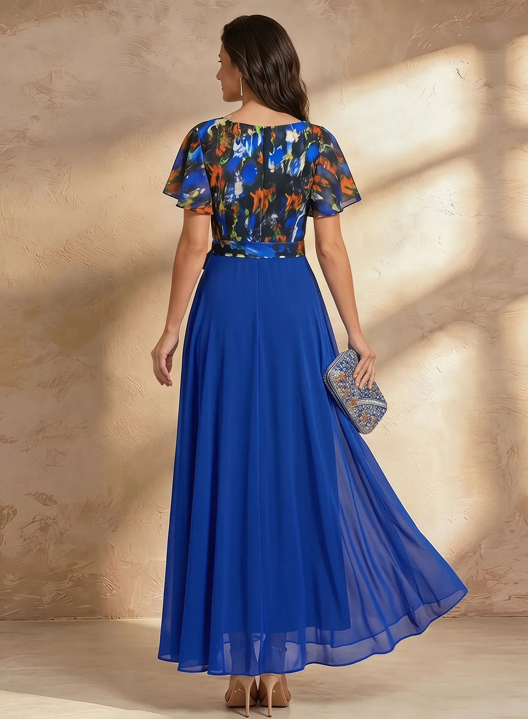Veloria Royal Blue Floral Chiffon Maxi Dress with Flutter Sleeves &amp; Wrap Waist