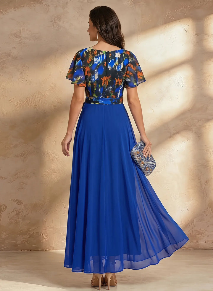 Veloria Royal Blue Floral Chiffon Maxi Dress with Flutter Sleeves &amp; Wrap Waist