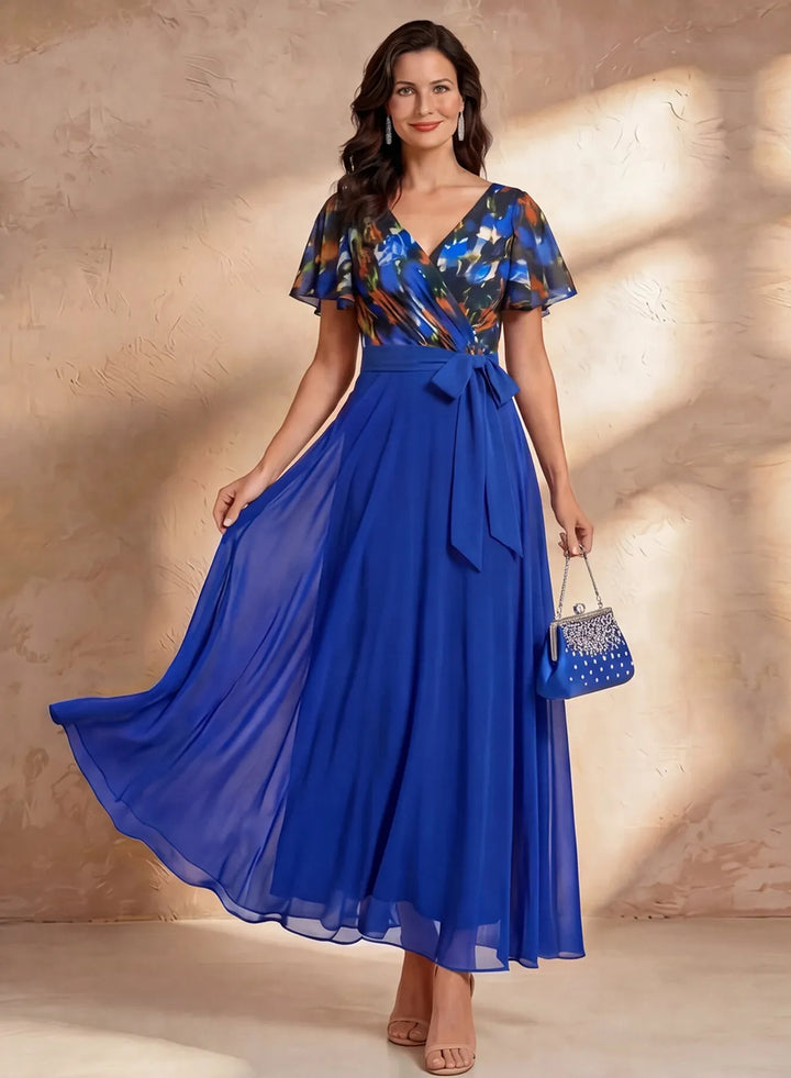 Veloria Royal Blue Floral Chiffon Maxi Dress with Flutter Sleeves &amp; Wrap Waist