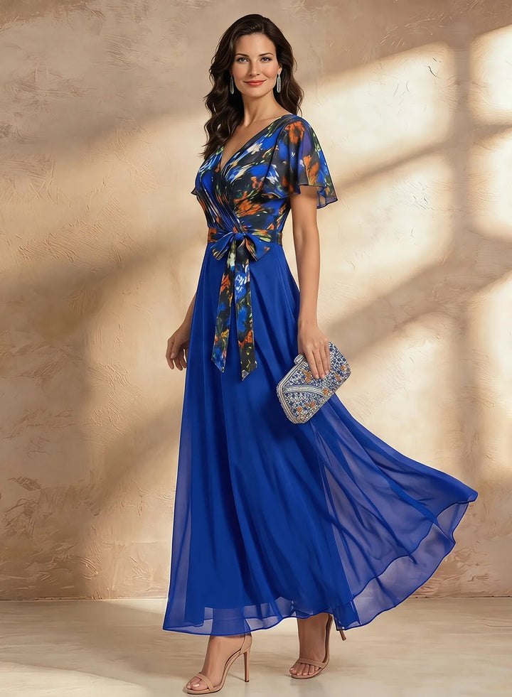 Veloria Royal Blue Floral Chiffon Maxi Dress with Flutter Sleeves &amp; Wrap Waist