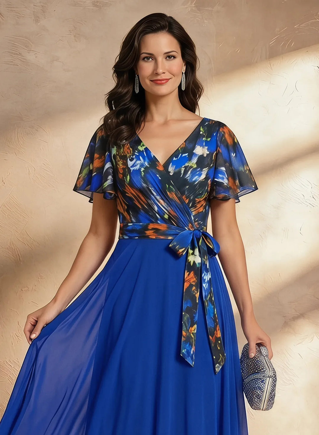 Veloria Royal Blue Floral Chiffon Maxi Dress with Flutter Sleeves &amp; Wrap Waist