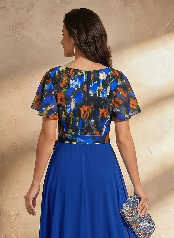 Veloria Royal Blue Floral Chiffon Maxi Dress with Flutter Sleeves &amp; Wrap Waist