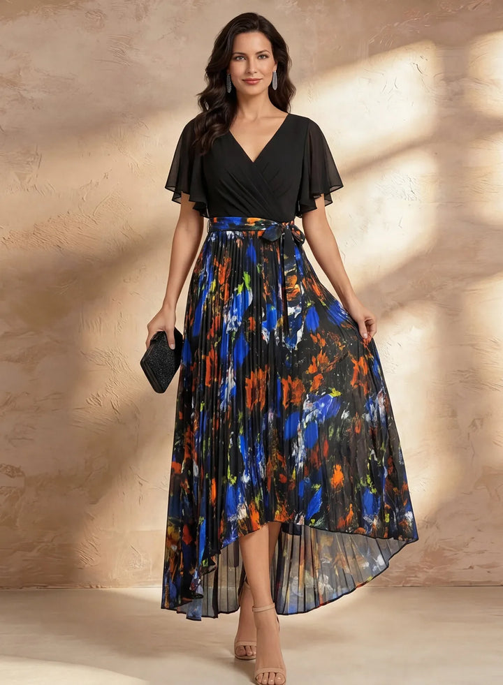 Veloria Chiffon Flutter Sleeve Floral Pleated Maxi Dress