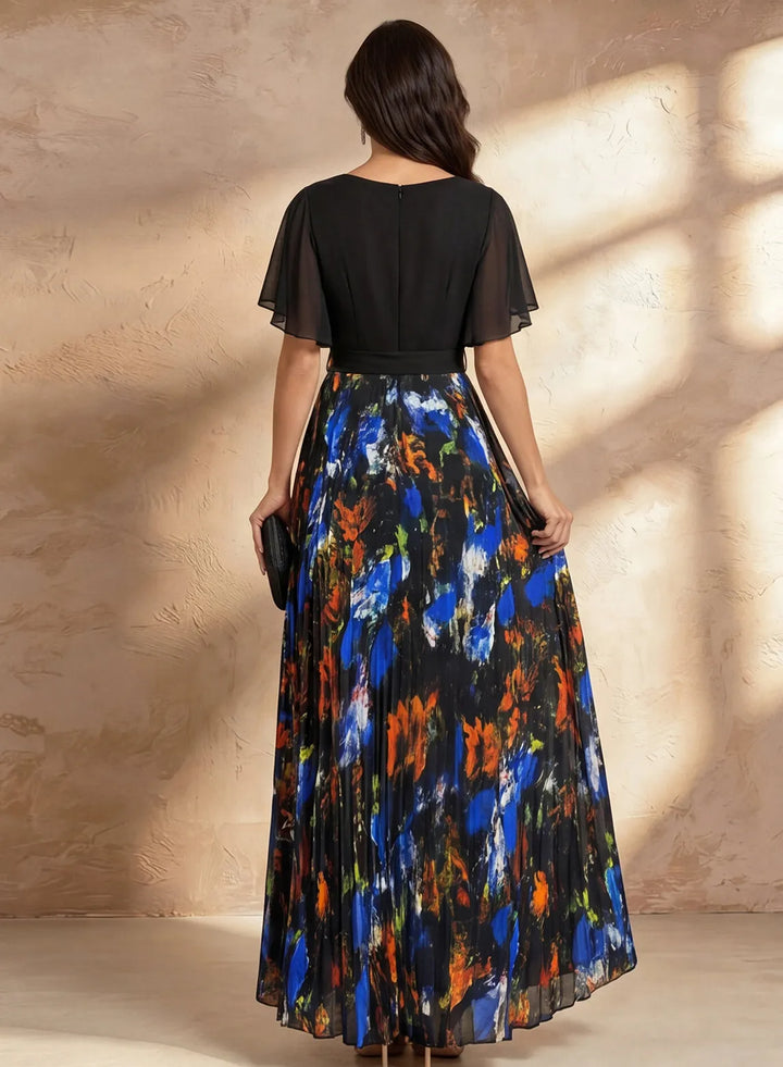 Veloria Chiffon Flutter Sleeve Floral Pleated Maxi Dress