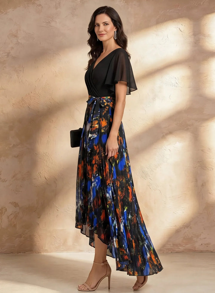Veloria Chiffon Flutter Sleeve Floral Pleated Maxi Dress