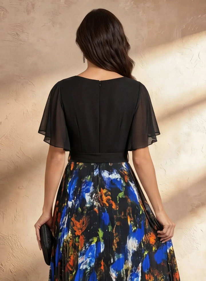 Veloria Chiffon Flutter Sleeve Floral Pleated Maxi Dress