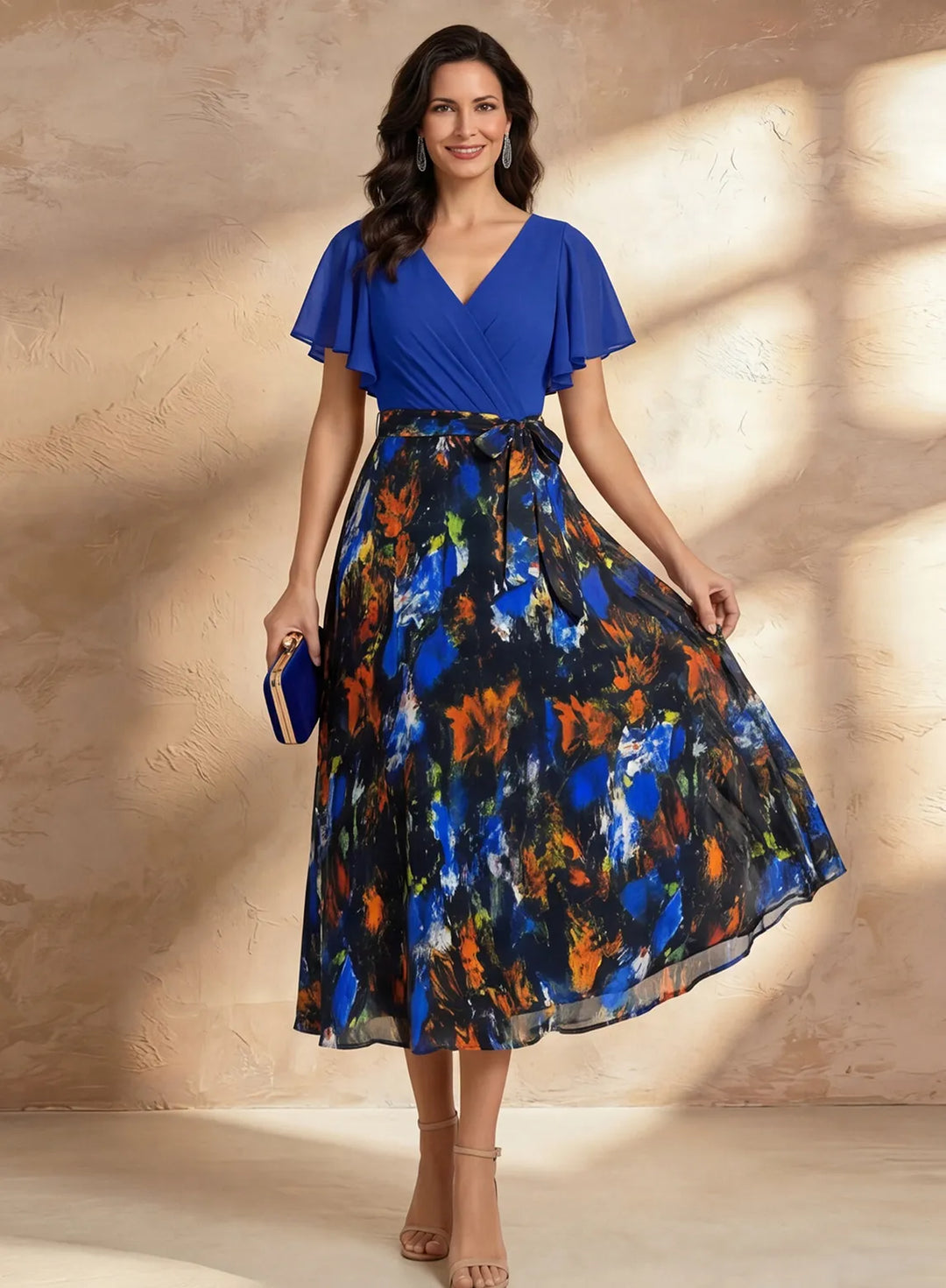 Veloria Royal Blue Chiffon Floral Midi Dress with Flutter Sleeves &amp; Wrap Bodice