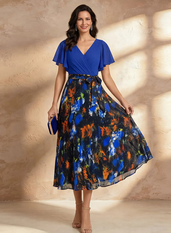 Veloria Royal Blue Chiffon Floral Midi Dress with Flutter Sleeves &amp; Wrap Bodice