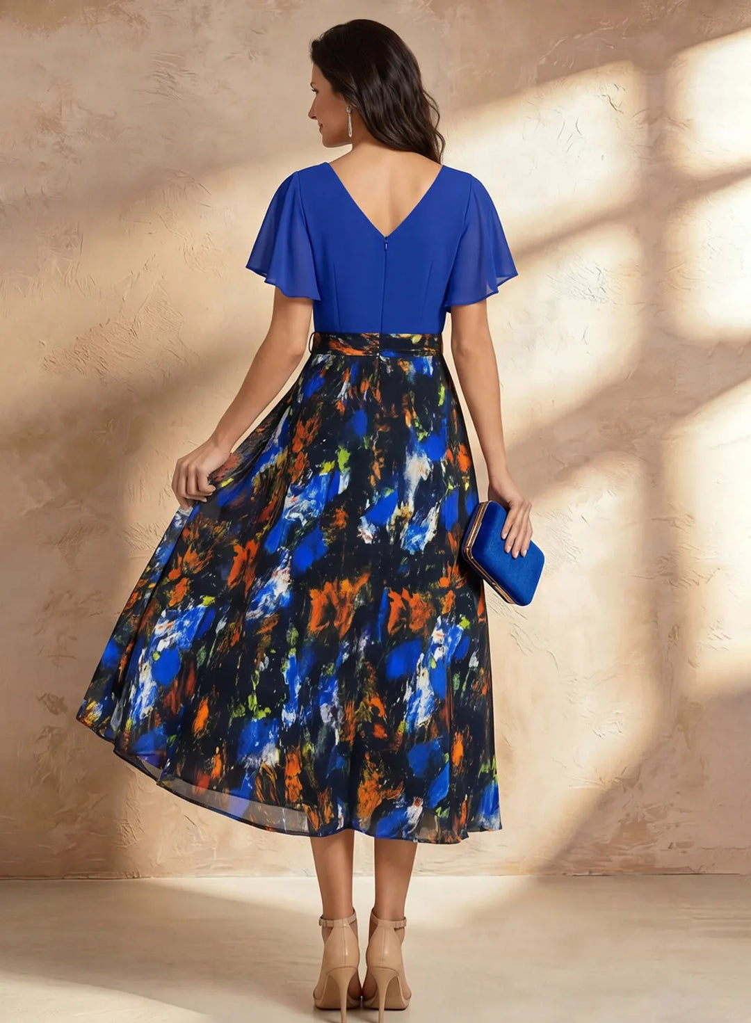 Veloria Royal Blue Chiffon Floral Midi Dress with Flutter Sleeves &amp; Wrap Bodice