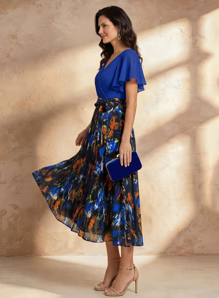 Veloria Royal Blue Chiffon Floral Midi Dress with Flutter Sleeves &amp; Wrap Bodice