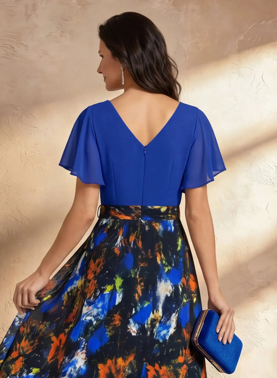 Veloria Royal Blue Chiffon Floral Midi Dress with Flutter Sleeves &amp; Wrap Bodice