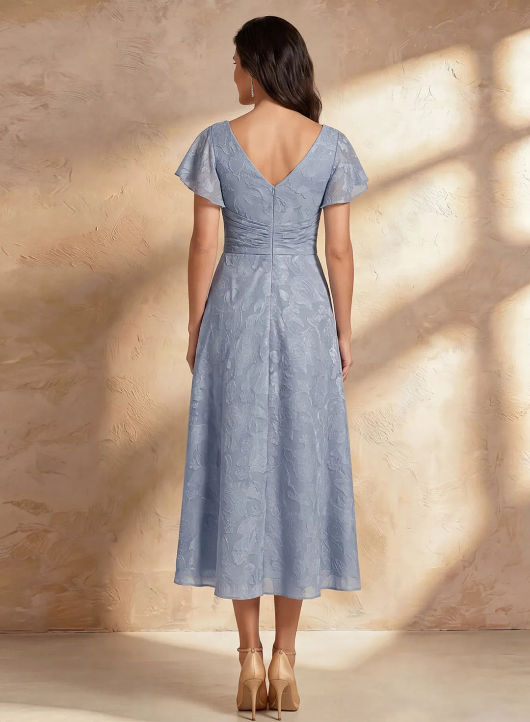 Veloria Dusty Blue Flutter Sleeve Midi Dress