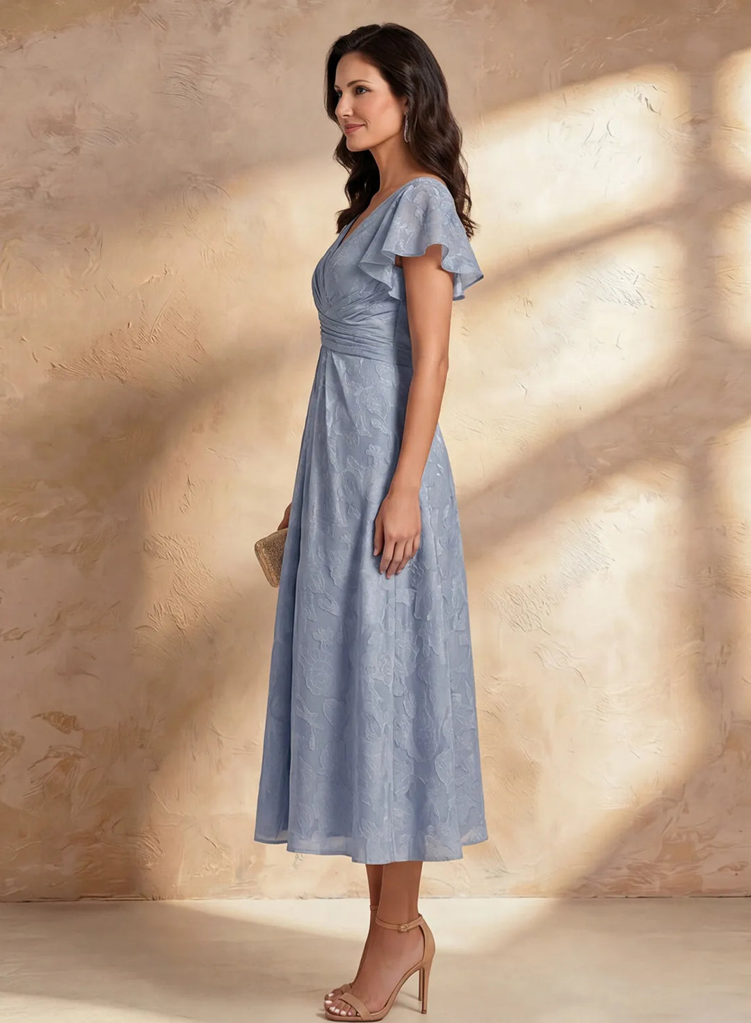 Veloria Dusty Blue Flutter Sleeve Midi Dress