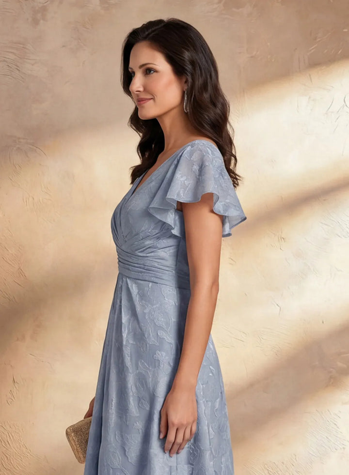 Veloria Dusty Blue Flutter Sleeve Midi Dress