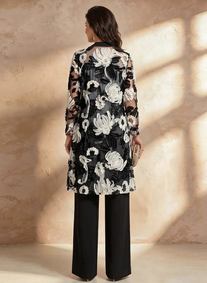 Veloria Elegant Floral Chiffon 3-Piece Pants Set with Jacket – Wide-Leg Evening &amp; Formal Outfit