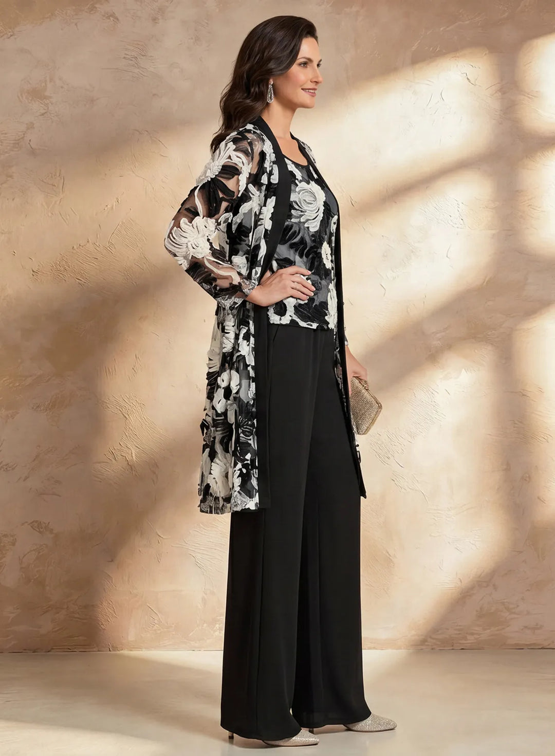 Veloria Elegant Floral Chiffon 3-Piece Pants Set with Jacket – Wide-Leg Evening &amp; Formal Outfit