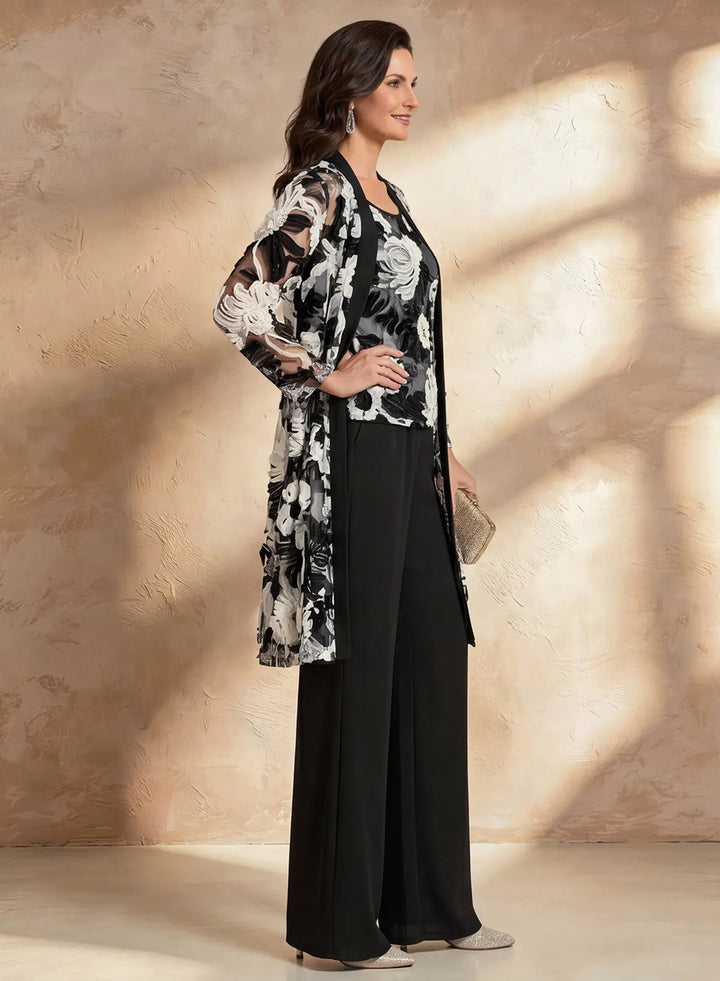 Veloria Elegant Floral Chiffon 3-Piece Pants Set with Jacket – Wide-Leg Evening &amp; Formal Outfit