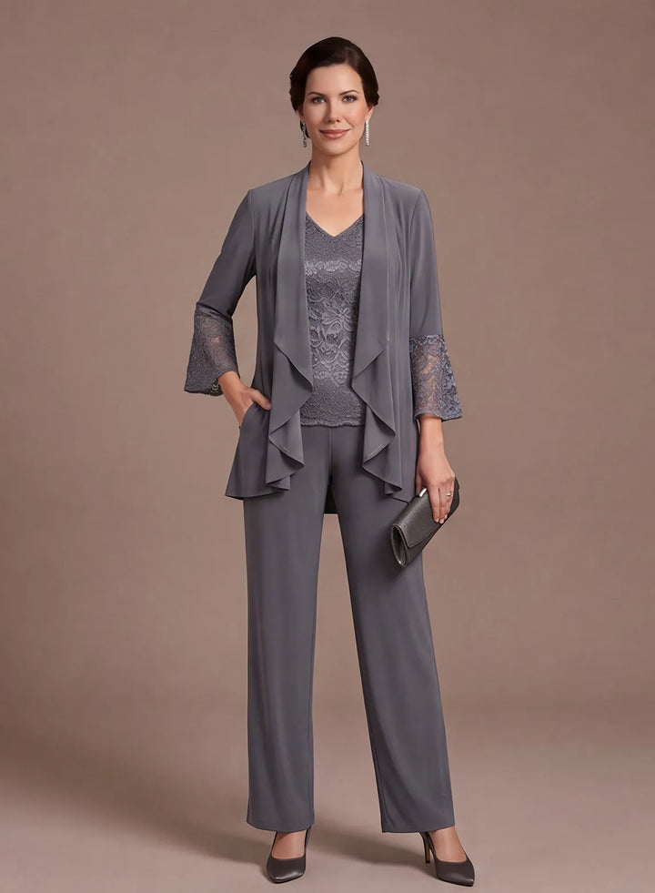 Steel Gray 3-Piece Chiffon Mother of the Bride Pantsuit