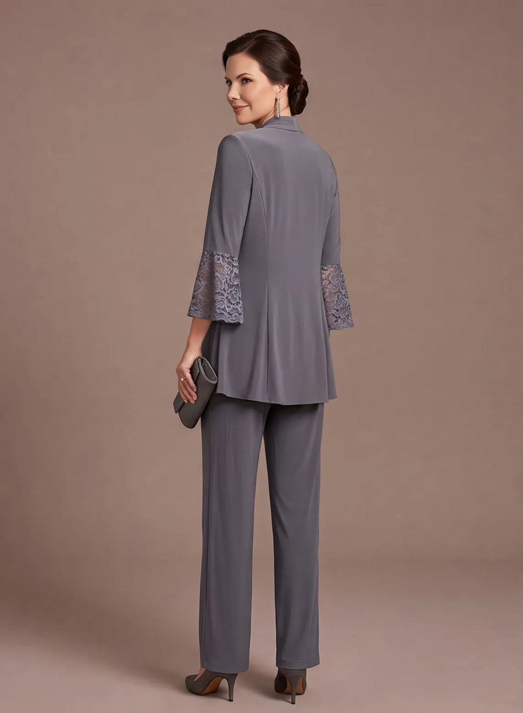 Steel Gray 3-Piece Chiffon Mother of the Bride Pantsuit