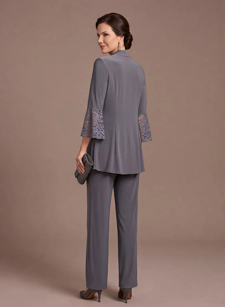 Steel Gray 3-Piece Chiffon Mother of the Bride Pantsuit