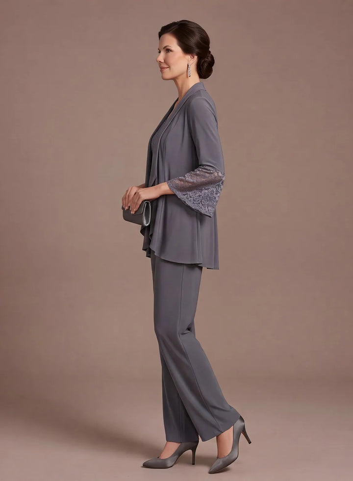 Steel Gray 3-Piece Chiffon Mother of the Bride Pantsuit