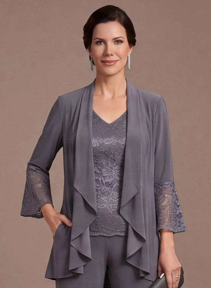 Steel Gray 3-Piece Chiffon Mother of the Bride Pantsuit
