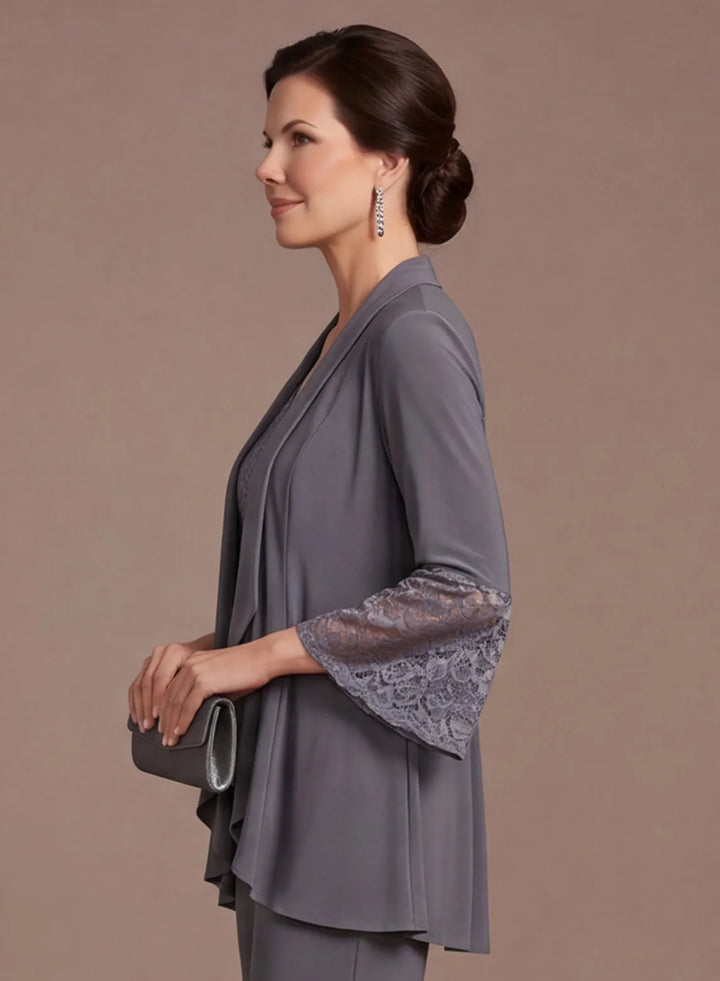 Steel Gray 3-Piece Chiffon Mother of the Bride Pantsuit