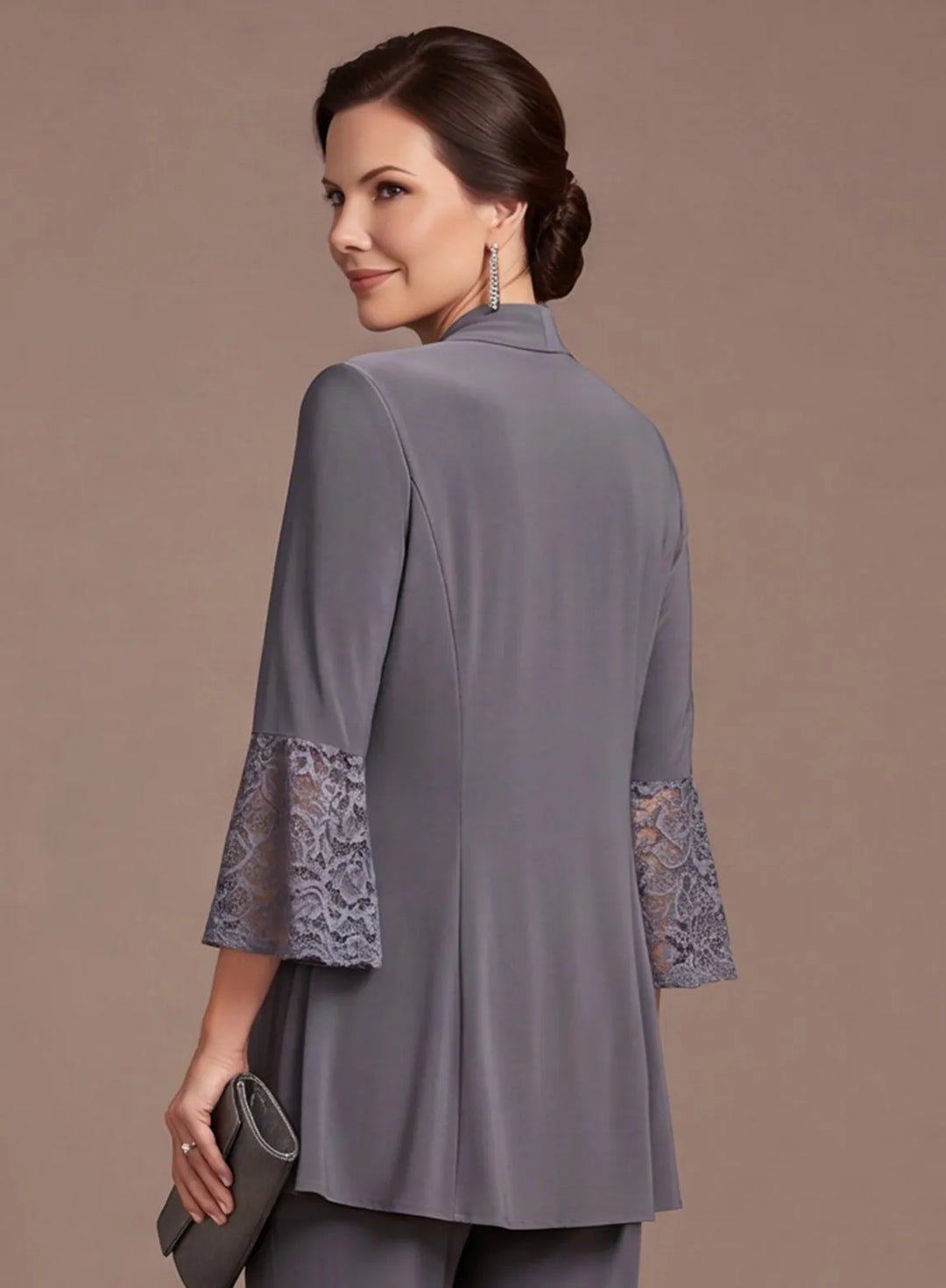 Steel Gray 3-Piece Chiffon Mother of the Bride Pantsuit