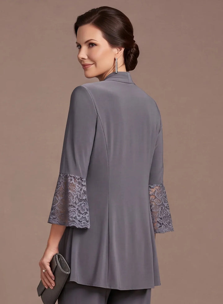 Steel Gray 3-Piece Chiffon Mother of the Bride Pantsuit