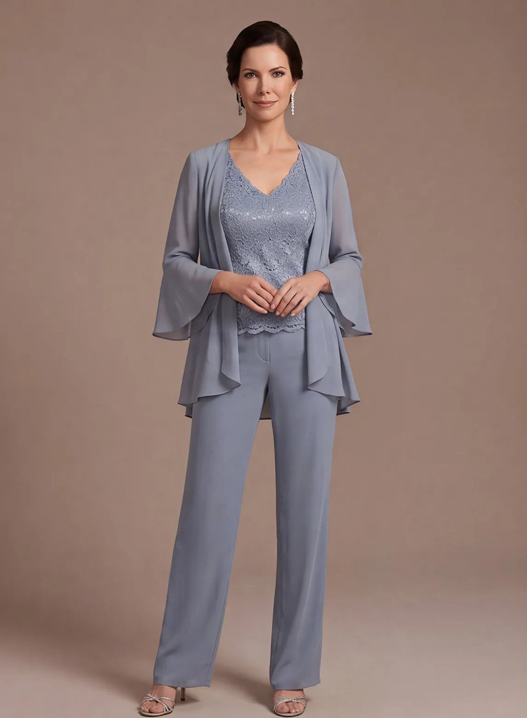 Dusty Blue 3-Piece Chiffon Mother of the Bride Pantsuit