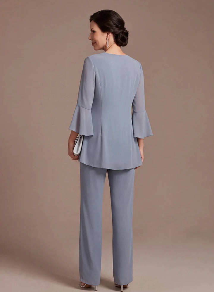 Dusty Blue 3-Piece Chiffon Mother of the Bride Pantsuit