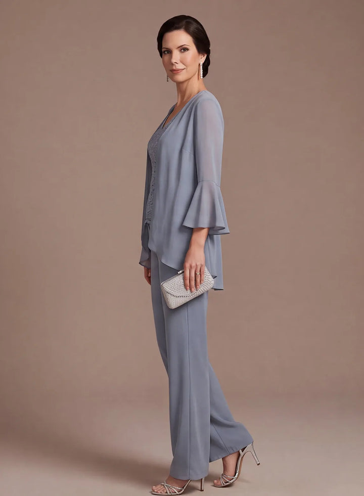 Dusty Blue 3-Piece Chiffon Mother of the Bride Pantsuit