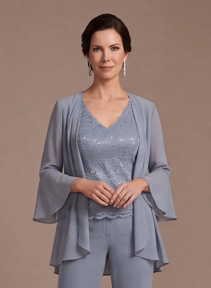 Dusty Blue 3-Piece Chiffon Mother of the Bride Pantsuit