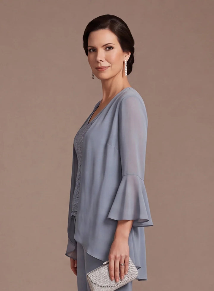 Dusty Blue 3-Piece Chiffon Mother of the Bride Pantsuit