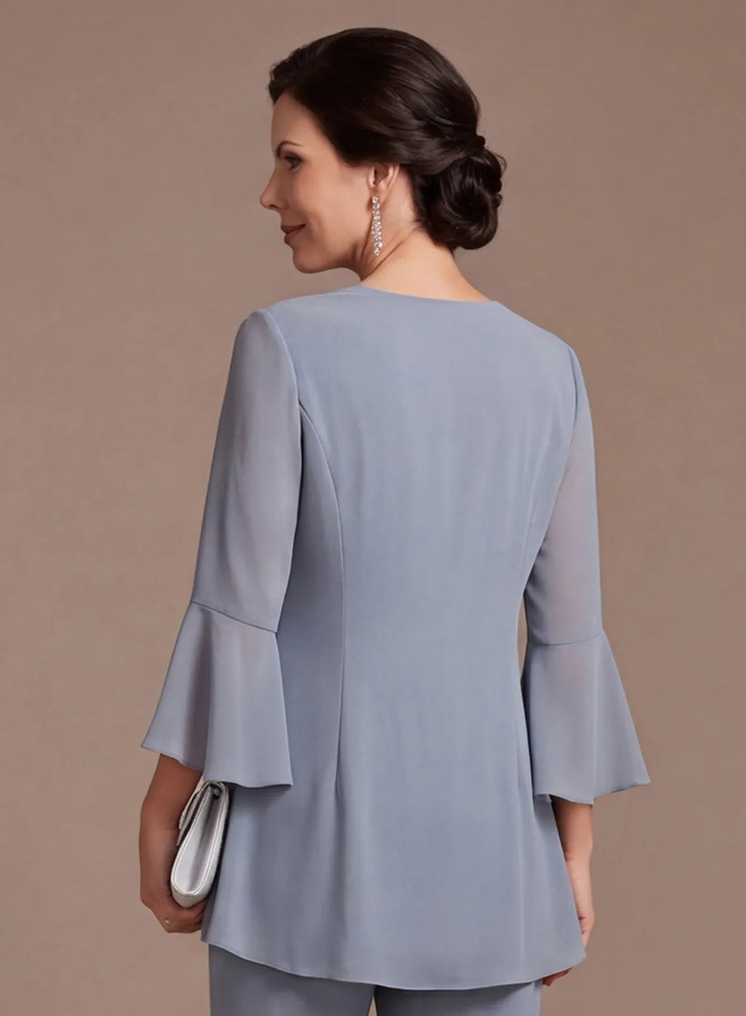 Dusty Blue 3-Piece Chiffon Mother of the Bride Pantsuit