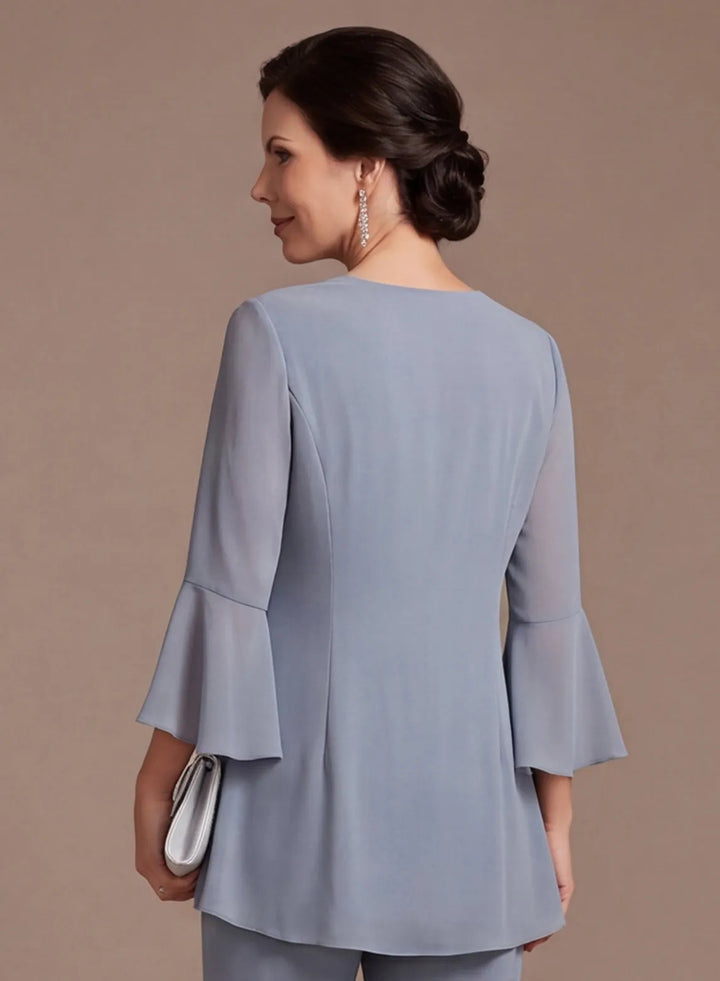 Dusty Blue 3-Piece Chiffon Mother of the Bride Pantsuit