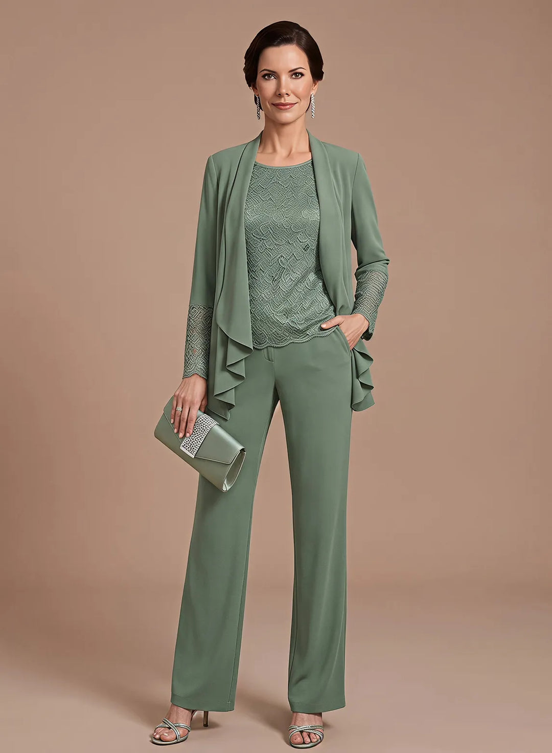 Sage Green 3-Piece Chiffon Mother of the Bride Pantsuit