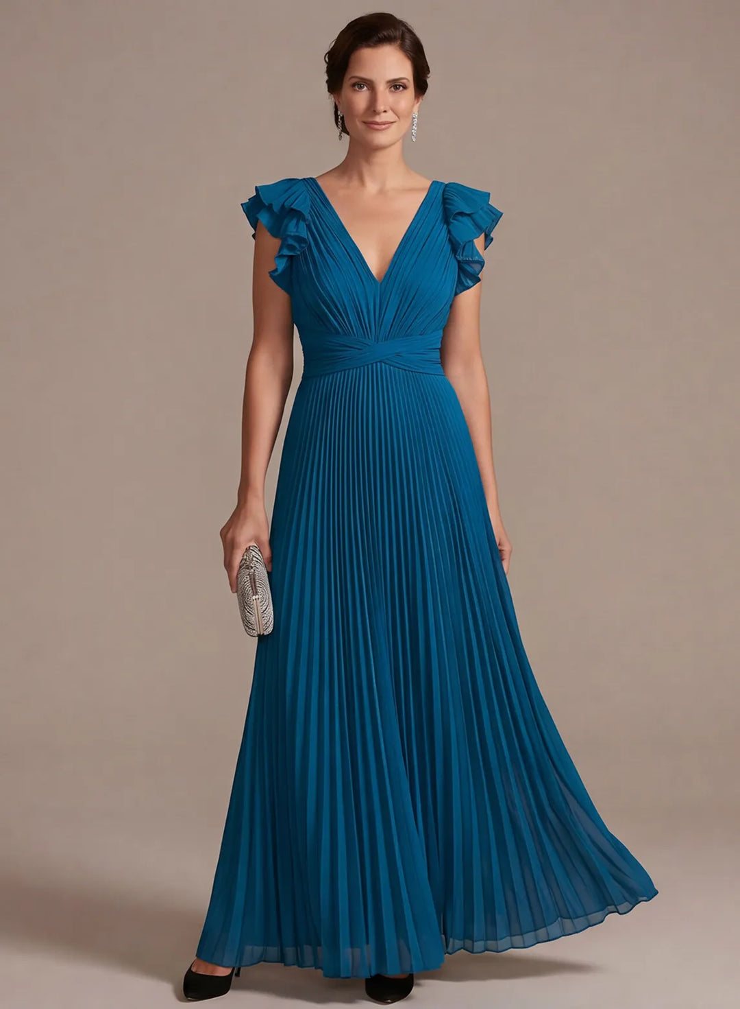 Veloria Peacock Blue Pleated Chiffon A-Line Gown with Flutter Sleeves