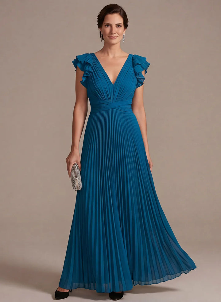 Veloria Peacock Blue Pleated Chiffon A-Line Gown with Flutter Sleeves