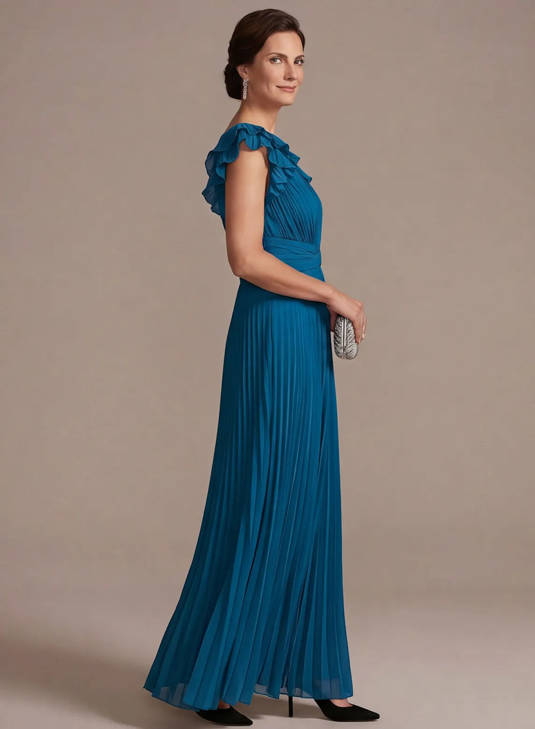 Veloria Peacock Blue Pleated Chiffon A-Line Gown with Flutter Sleeves